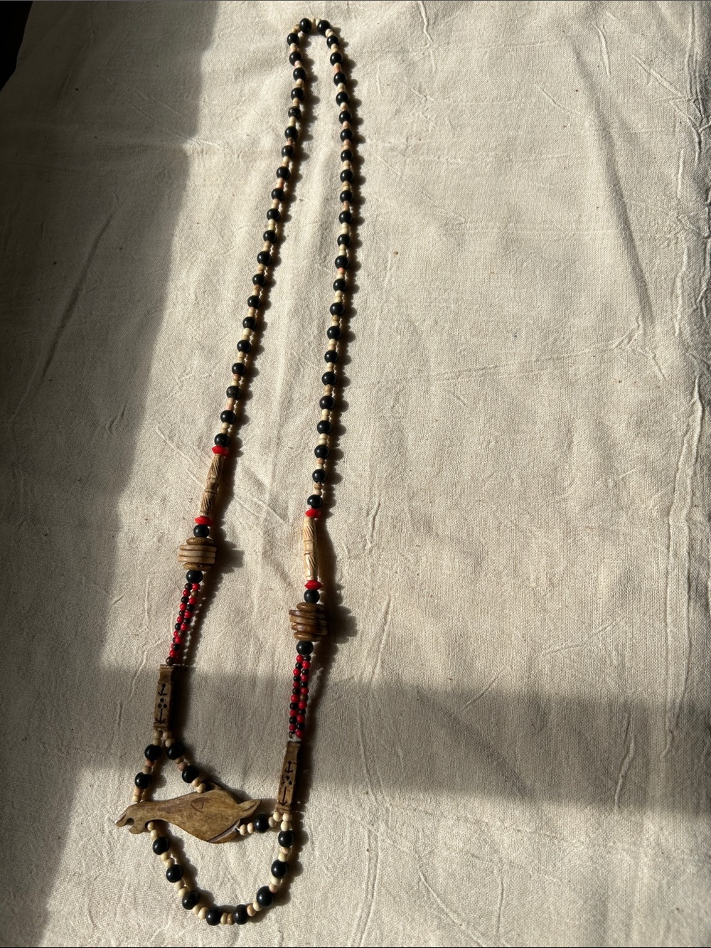 Handmade Black and Red Beaded Wooden Bird Necklace